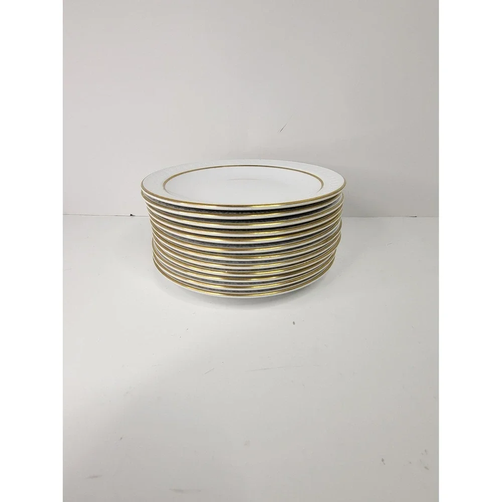 12 Corning Pyroceram Tableware White Gold Trim Embossed Rim Plates Set of 12